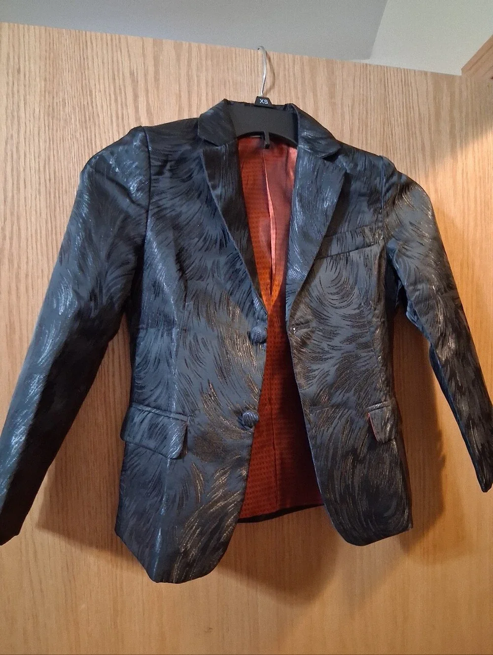 YuanLu boys' formal blazer  jacket, Black Textured Shimmer, Orange Lining Sz 7